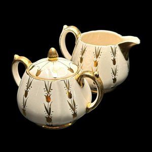 Sadler England Vintage Creamer & Sugar Bowl Set With Gold Tulip Pattern 1940s